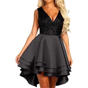 NEW Sequin V Neck Skater Mini Cocktail Party Swing Dress L